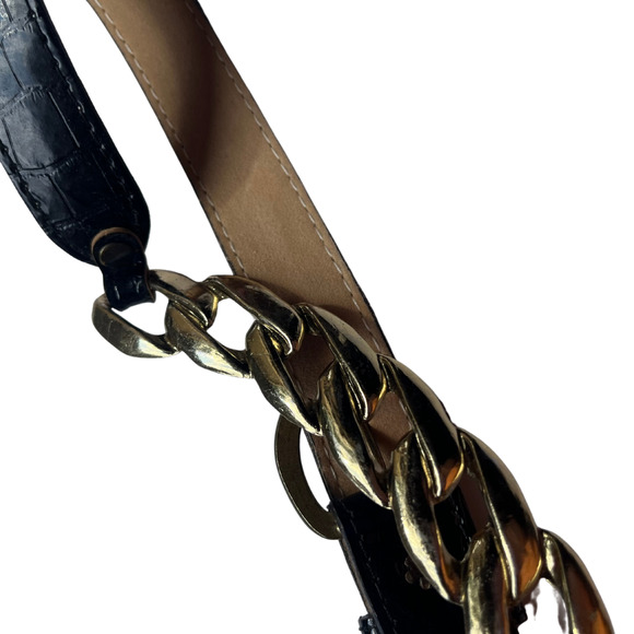 Vintage 90s Black Faux Crocodile Belt with Gold Chain Detail Size Small - Picture 4 of 5